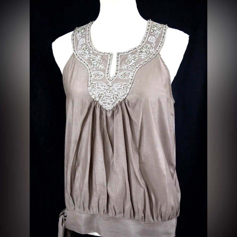 TwentyOne Sleeveless Cold Shoulder Top Light beige Embroidered and Beade…